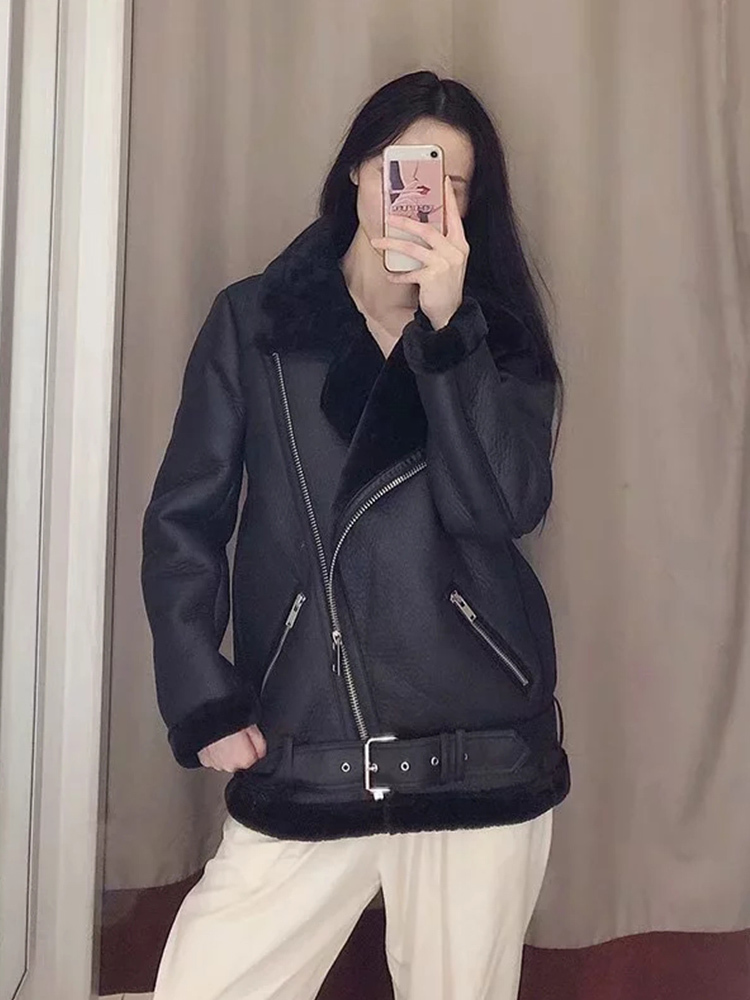 Women's Leather Faux Fitaylor Winter Women Lamb Jacket Streetwear Autumn Female Thickness Sheepskin Loose Coat with Belt Outwear 220928