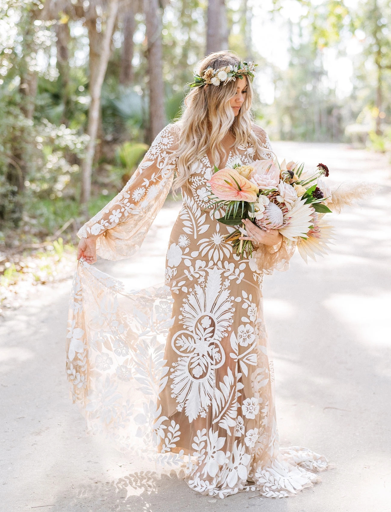 Boho Outdoor Destination mermaid Wedding Dresses Slip Lace Robe Long Sleeves Illusion Backless Elopement bohemain Bridal Gowns Rue de Seine