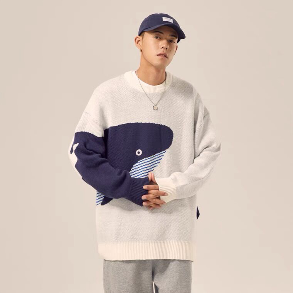 Men's Sweaters LACIBLE Lonely Whale Knitted Sweaters Spring Autumn Sweater Pullover Men Women Jumpers Harajuku Knitwear Outwear Streetwear Tops 2