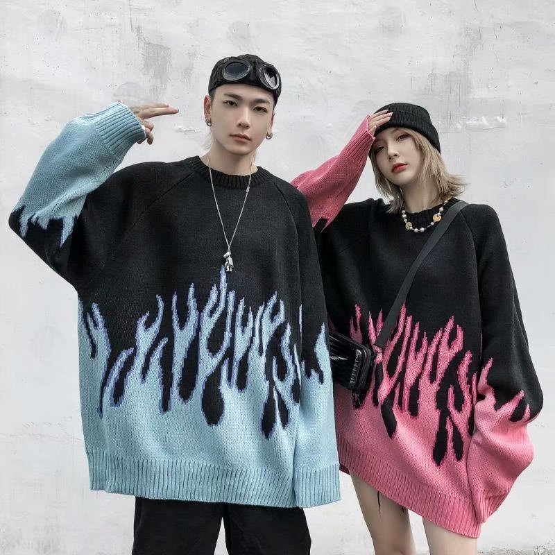 Men's Sweaters Hip Hop Mens Streetwear Harajuku Knitted Sweater Blue Fire Flame Autumn Sweater Pullover Loose HipHop Retro Vintage 220928