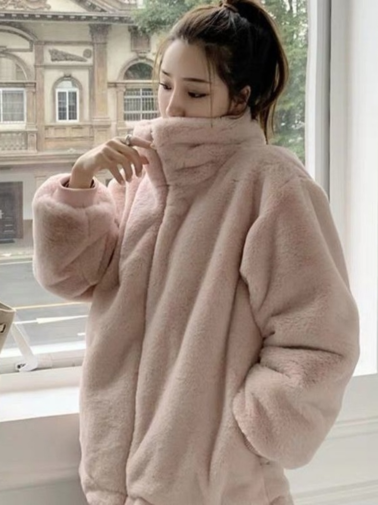 Womens Fur Faux Winter Jacket Thick Warm Artificial Rabbit Short Coats Loose Casual Zipper Pink Coat for Women 220927