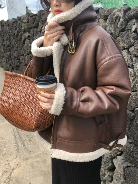 Women's Fur Faux Syiwidii Coat Fall Winter Jacket for Women Loose Warm Lambswool Thicken Locomotive Lapel Female PU Outerwear 220928