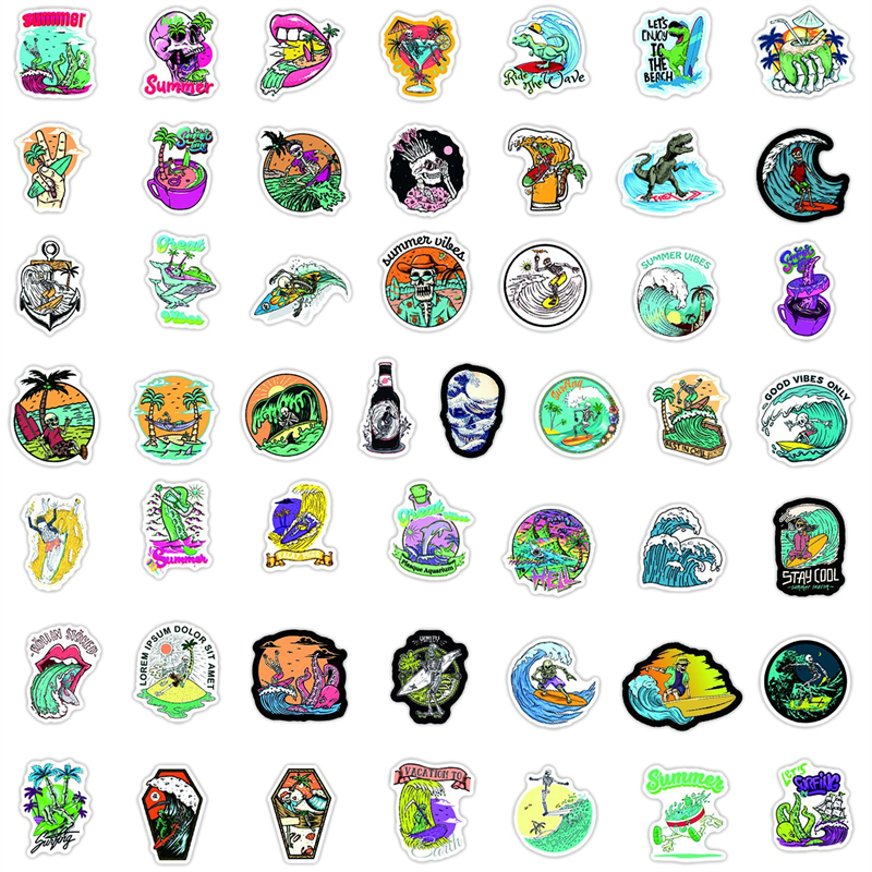50pcs Funny Summer Skull Surfing Stickers Beach Travel Graffiti Kids Toy Skateboard car Motorcycle Bicycle Sticker Decals Wholesale
