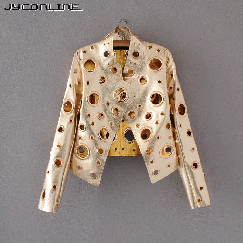 JYConline 2017 Fashion PU Women Jacket Autumn Metal Motor Punk Bomber Jacket Silver Golden Hollow Out Jacket Female Streetwear S18101302