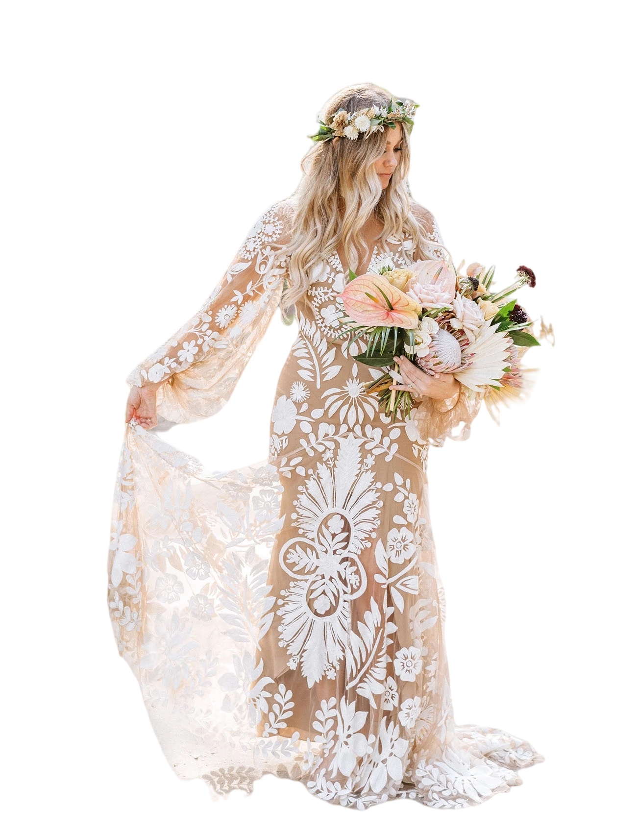 Boho Outdoor Destination mermaid Wedding Dresses Slip Lace Robe Long Sleeves Illusion Backless Elopement bohemain Bridal Gowns Rue de Seine