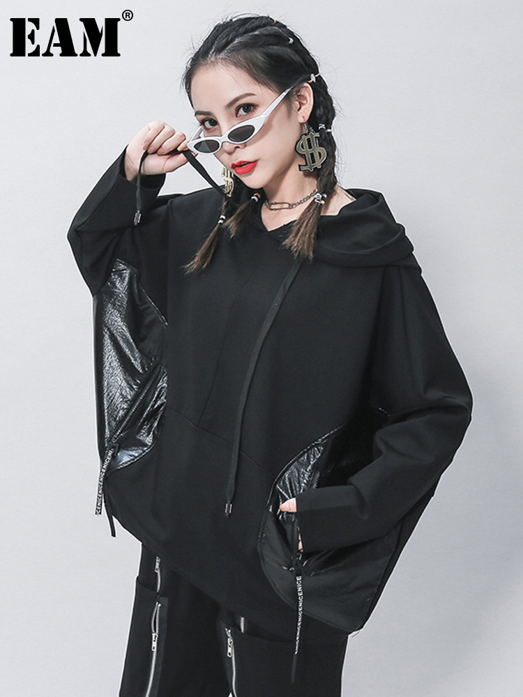 Women's Hoodies Sweatshirts EAM Loose Fit Black Split Joint Pocket Sweatshirt Round Neck Long Sleeve Women Big Size Fashion Spring Autumn 1Z323 2