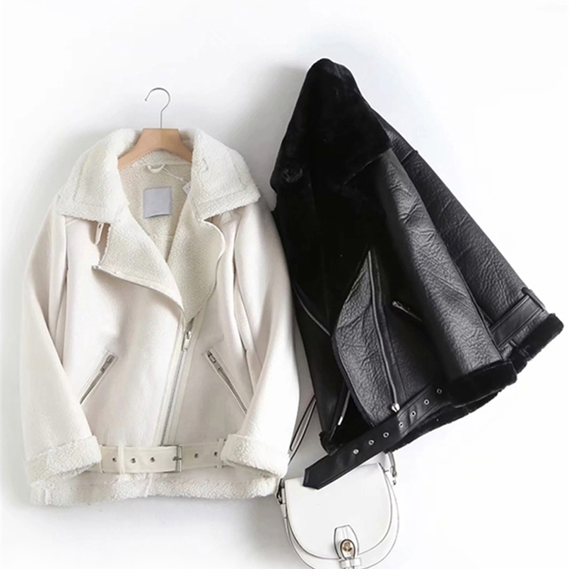 Women's Leather Faux Fitaylor Winter Women Lamb Jacket Streetwear Autumn Female Thickness Sheepskin Loose Coat with Belt Outwear 220928