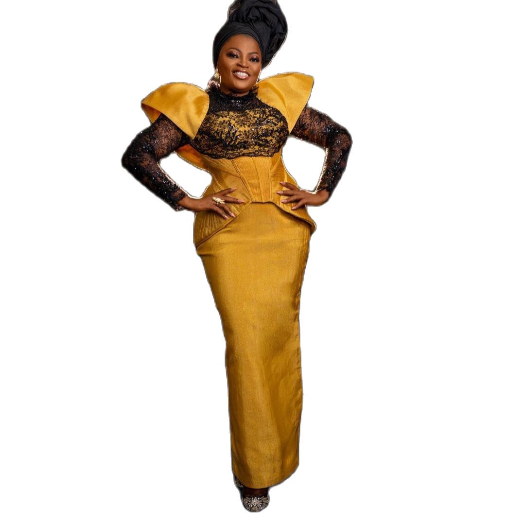 Gold Lace Mother Of The Bride Dresses Ankle Length Full Sleeve Fashion Designed Arabic Evening Gown 2 Pieces Set Plus Size