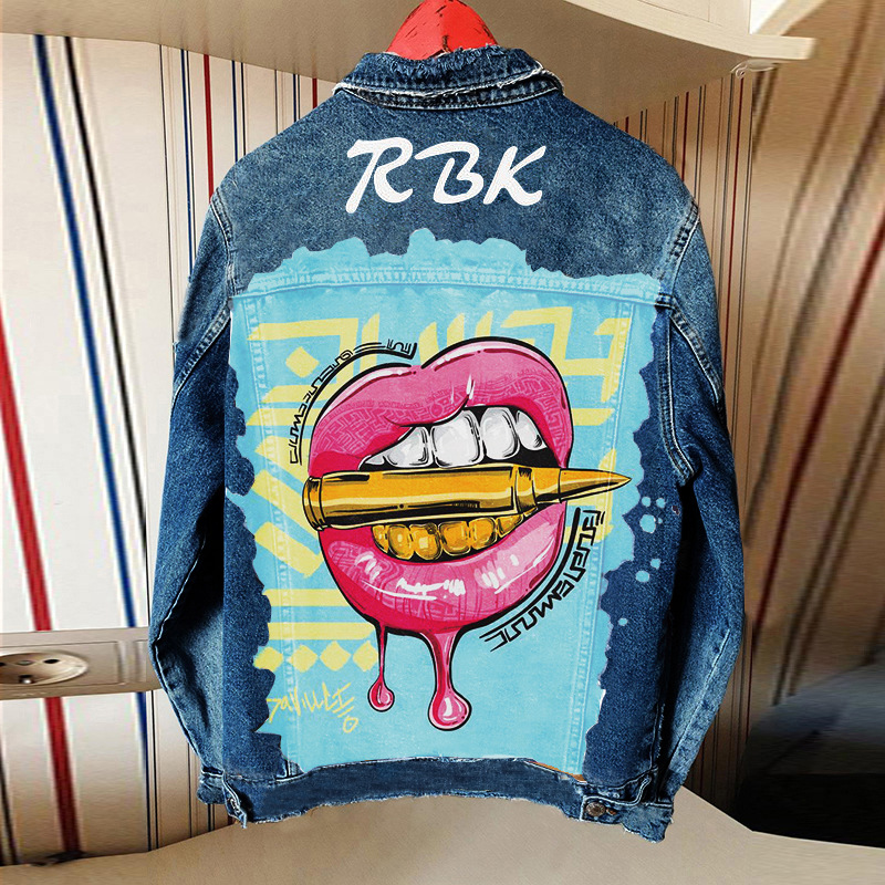 Autumn new hot selling lapel denim jacket street personality print graffiti mouth mouth youth fashion pattern, Blue
Autumn new hot selling lapel denim jacket street personality print graffiti mouth mouth youth fashion pattern, Blue