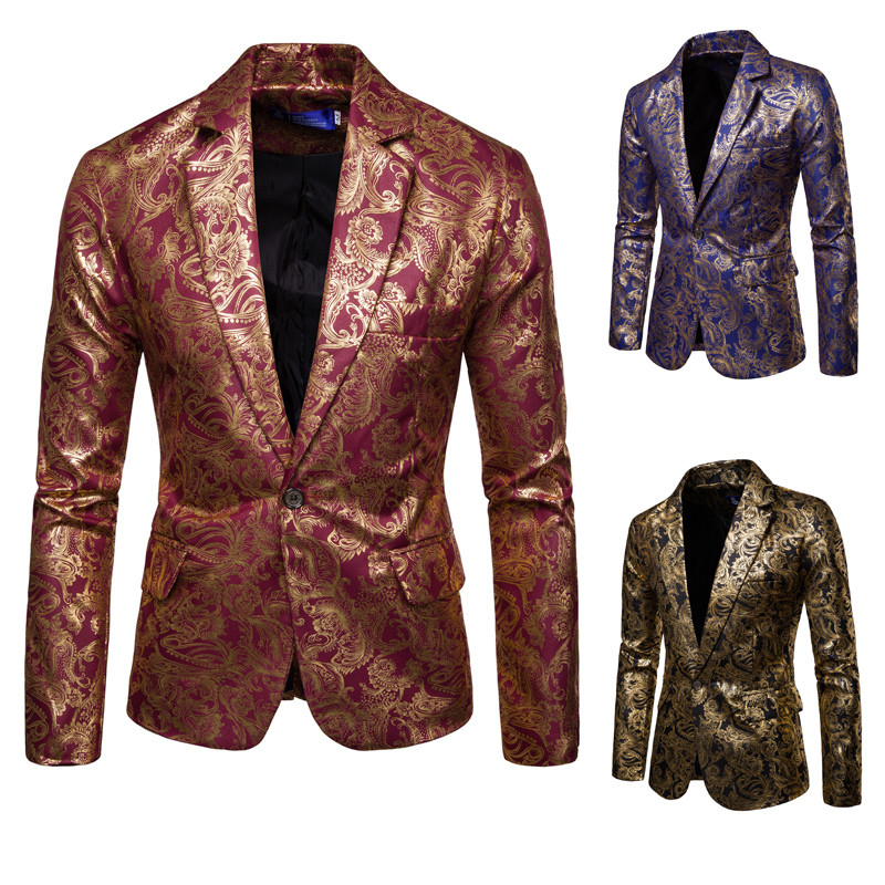 Mens Golden Floral Blazers Business Casual Suit Wedding Dress Gold Blazer