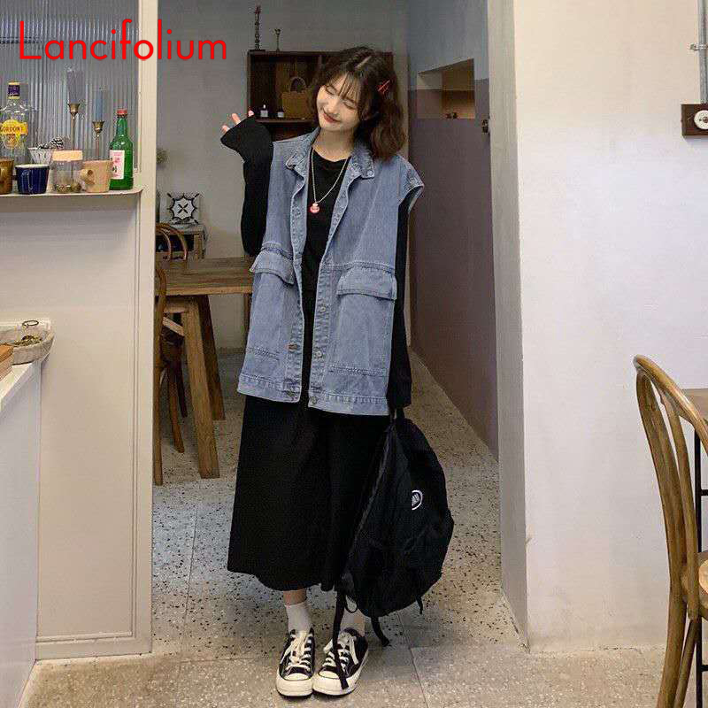 Women's Vests BF Blue Denim Women Vintage 8size Korean Big Pocket Black Jean Kpop Sleeveless Cardigan Tank Top Jacket Coat 220928