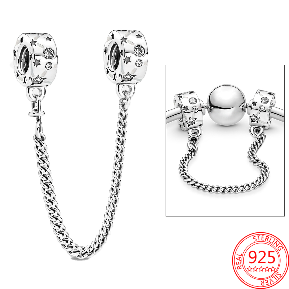 The New Popular 100%925 Sterling Silver Charm Series Bead Flash Stars and Moon Pendant Glass Security Chain Fit Bracelets DIY Jewelry Gift