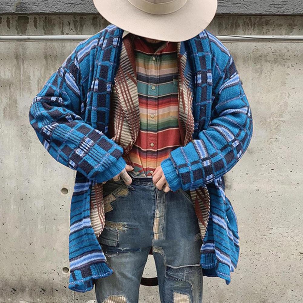 Men's Sweaters Plus Size Knitted Long Sleeve Men Casual Loose Cardigan Autumn Winter Open Front Plaid Printed Cardigan Sweater Outerwear 220928