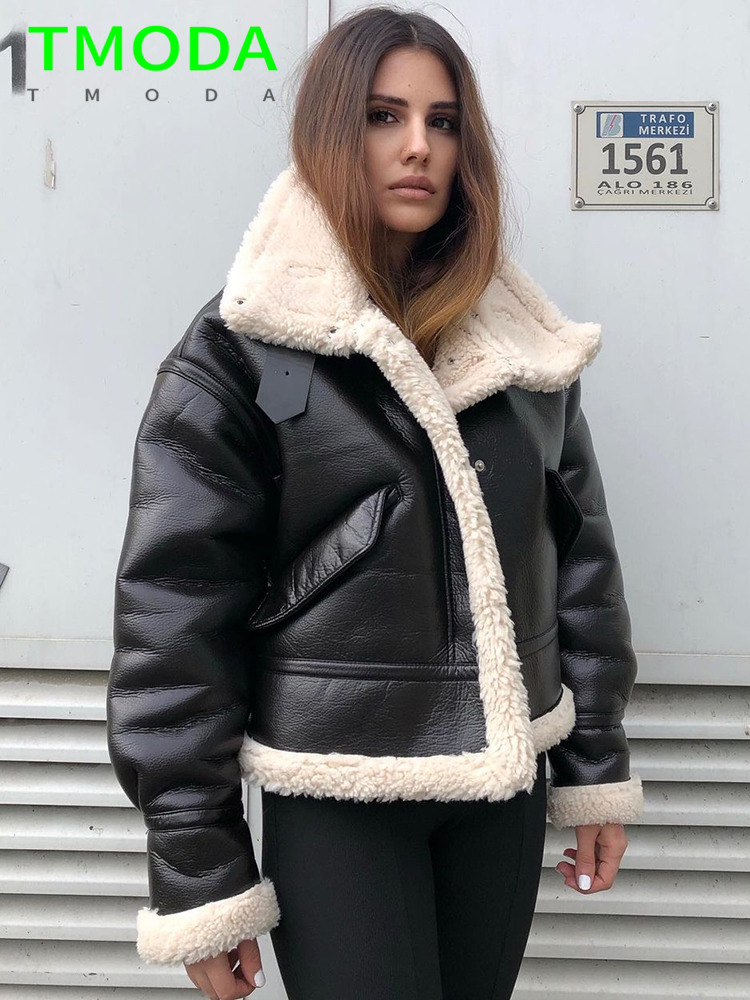 Women's Leather Faux T MODA Women Fashion Thick Warm Shearling Jacket Coat Vintage Long Sleeve Flap Pocket Female Outerwear Chic Tops 220928
