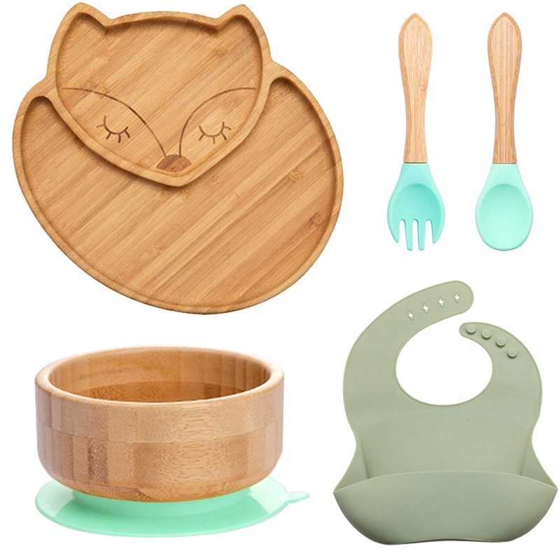 Cups Dishes Utensils 5PcsSet Baby Feeding Bowl Dinner Plate Bib Fork Spoon Kids Feeding Cartoon Tableware Bamboo Wood Non-slip Children's Tablewa