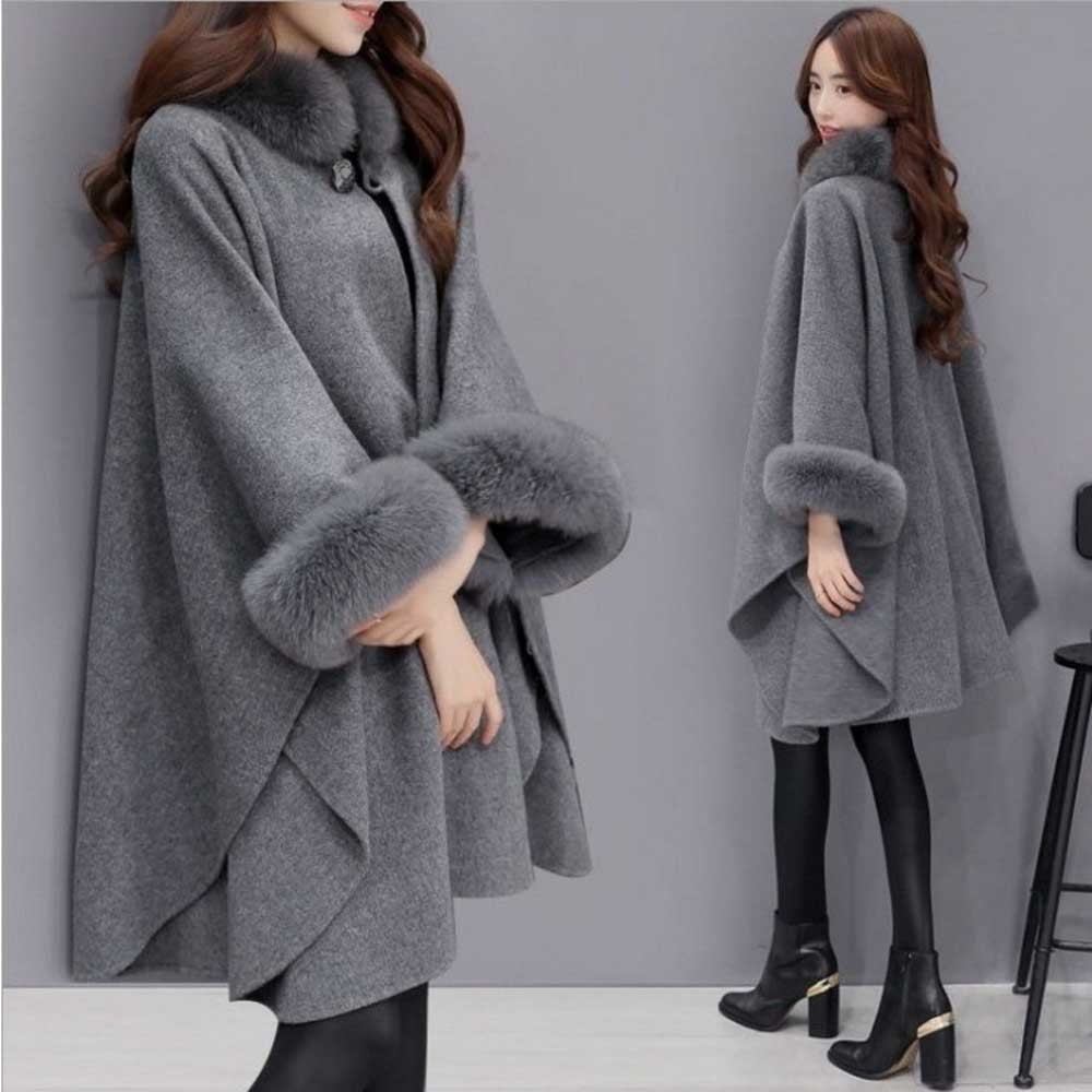 Women's Fur Faux Elegant Round Coat Cape Autumn Winter Big Long Sawl Full Trim Patchwork Woolen Cloak Overcoat Parka WDC8415 220928