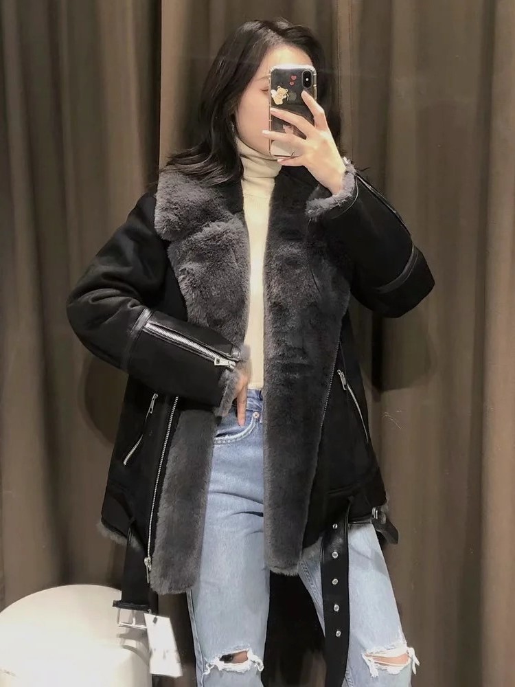 Women's Leather Faux style women's double-sided coat with fur lamb hair Winter Coat plus velvet 220928
