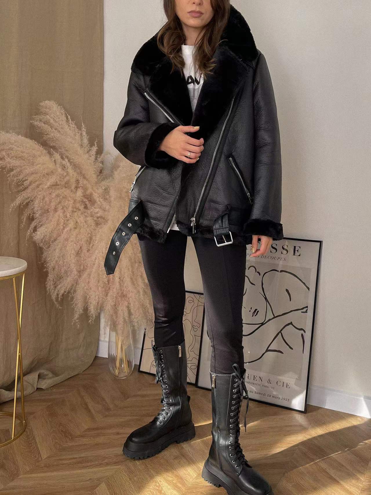Women's Leather Faux CNlalaxury Winter Women Sheepskin Coat Streewear Thick Warm Lamb Jacket With Belt Oversized Motorcycle Outwear 220928
