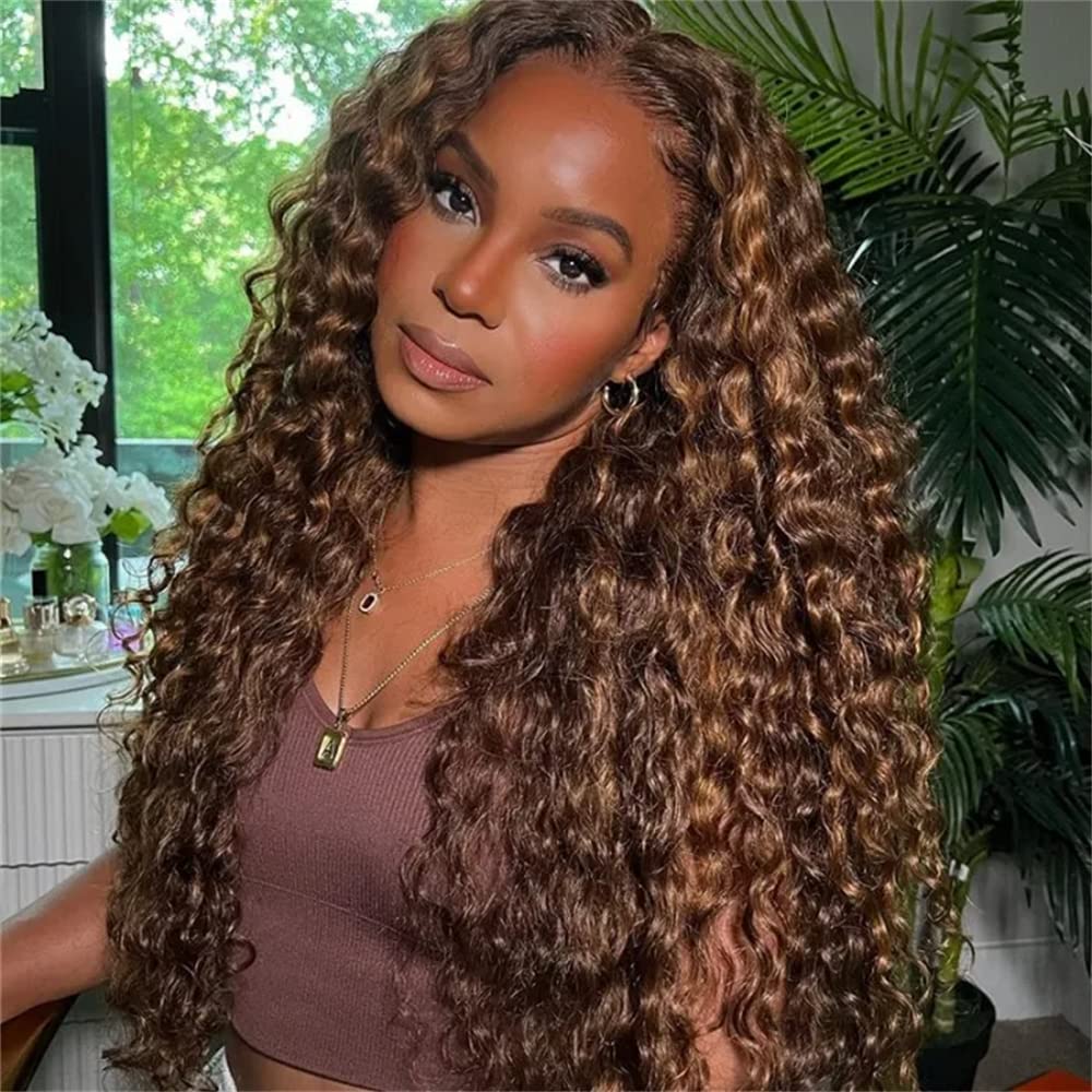 Highlight Ombre Brown Lace Front Wig Water Wave for Women Brazilian Unprocessed Human Virgin Hair 360 Frontal Wig Pre Plucked P430 150% Density