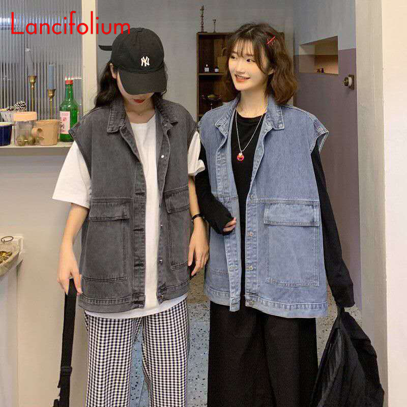 Women's Vests BF Blue Denim Women Vintage 8size Korean Big Pocket Black Jean Kpop Sleeveless Cardigan Tank Top Jacket Coat 220928