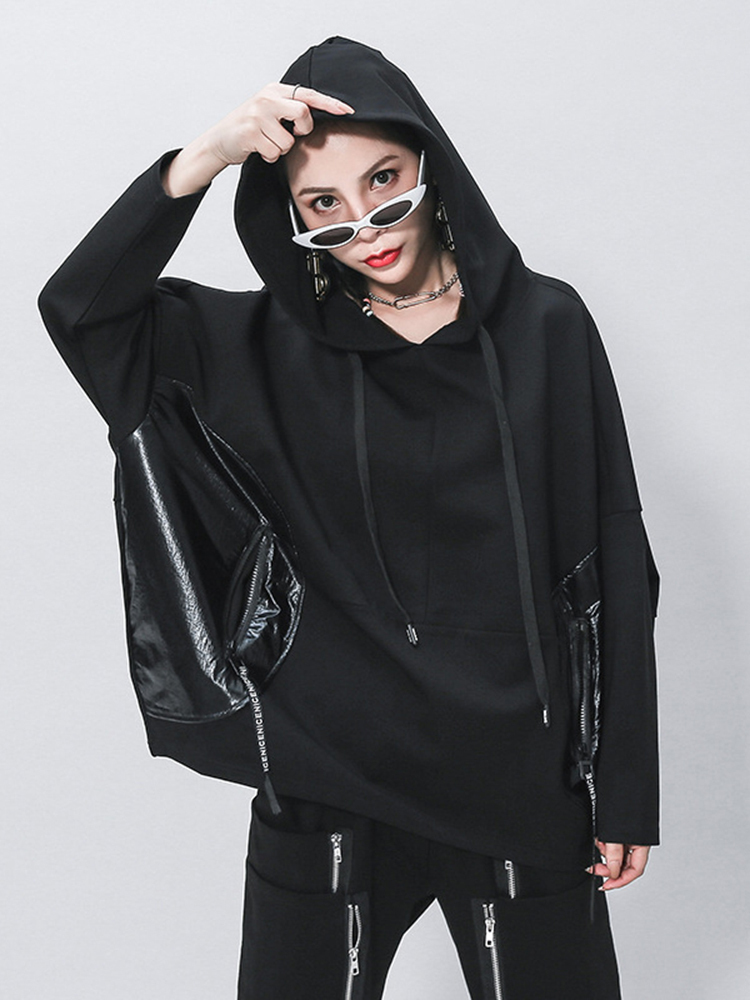Women's Hoodies Sweatshirts EAM Loose Fit Black Split Joint Pocket Sweatshirt Round Neck Long Sleeve Women Big Size Fashion Spring Autumn 1Z323 2