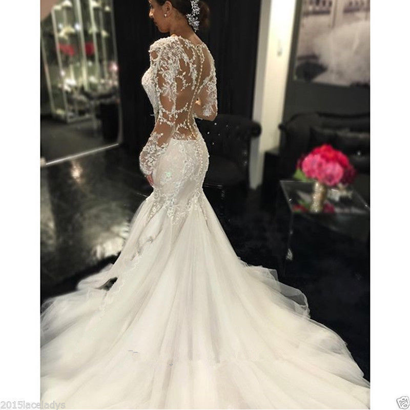 Plus Size Mermaid Wedding Dress Lace V Neck Arabic Aso Ebi Long Sleeves Sexy Bridal Dresses Romantic Appliques Ruffles Gowns 403