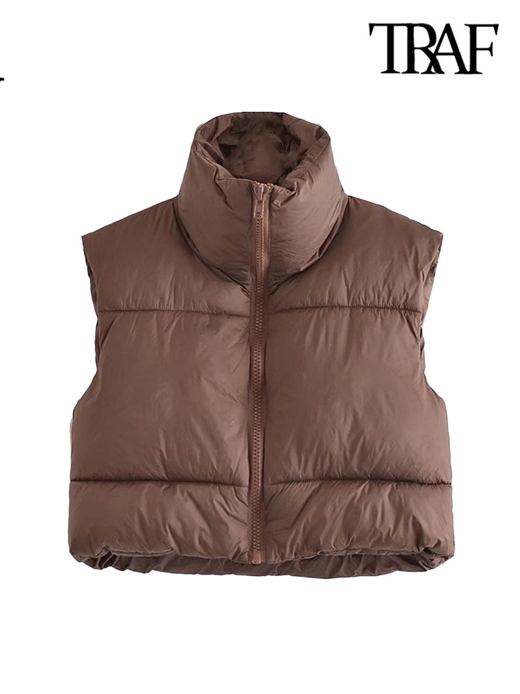 Women's Vests TRAF Women Fashion Adjustable Hem Zip-up Crop Padded Waistcoat Vintage High Neck Sleeveless Female Outerwear Chic Vest Tops 220928