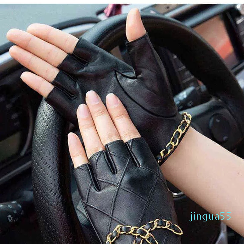 Fingerless Women Leather Half Gloves with Metal Chain Skull Punk