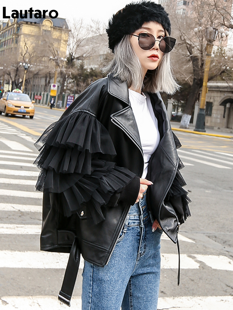 Women's Leather Faux Lautaro Autumn Short Black Oversized Lace Patchwork Biker Jacket Long Sleeve Loose Womans Clothing Fashionable Outerwear 220