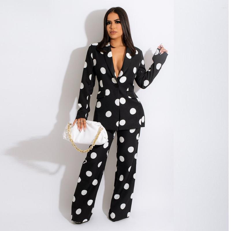 Women's Two Piece Pants Black White Polka Dot Print Women's Blazer Suits Casual Notched Long Sleeve Jacket And Straight Loose Trouser