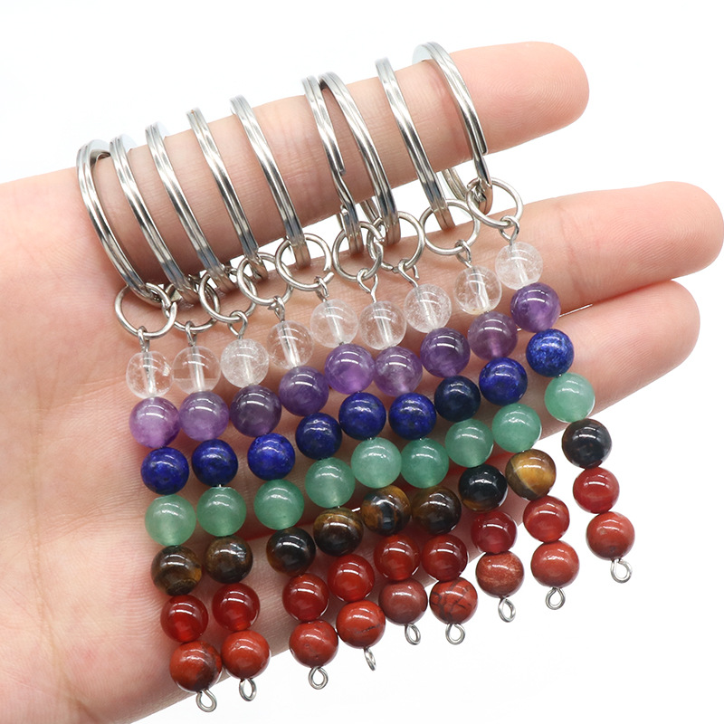 Natural Stone Key Rings Chains Quartz Amethyst Agate Chakra Beads Keychains Healing Crystal Keyrings for Women Men
