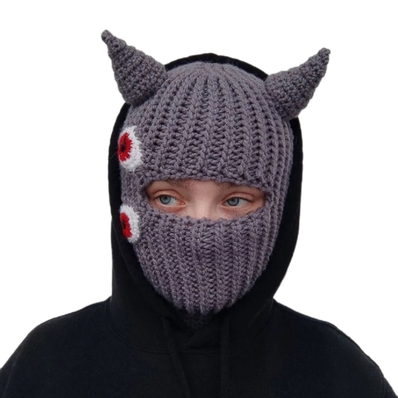 Beanie/Skull Caps Halloween Funny Horns Creative Knitted Hat Beanies Warm Full Face Cover Ski Mask Windproof Balaclava for Outdoor Sport 220928