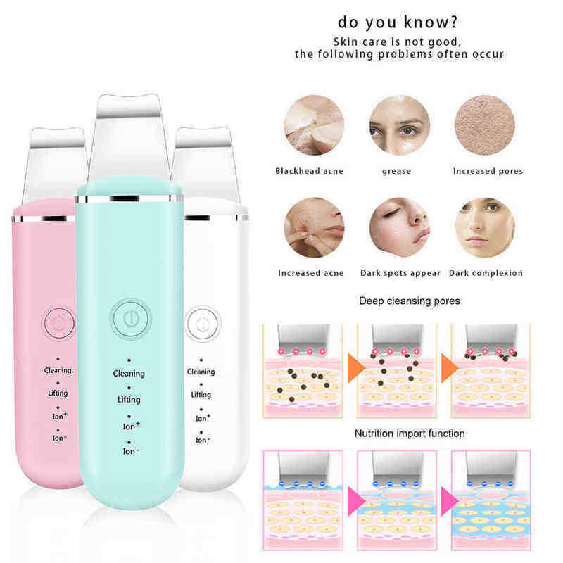 Ultrasonic Skin Scrubber Vibration Face Spatula Blackhead Remover Facial Shovel Clean Peeling Lifting Usb 220516