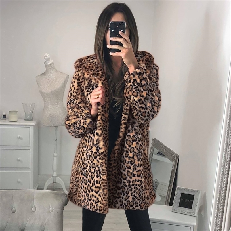 Women's Fur Faux Leopard Elegant Coat Women Spring Autumn Warm Soft Jacket Female Printed Overcoat Casual Hooded Lady Outerwear 5XL 220927