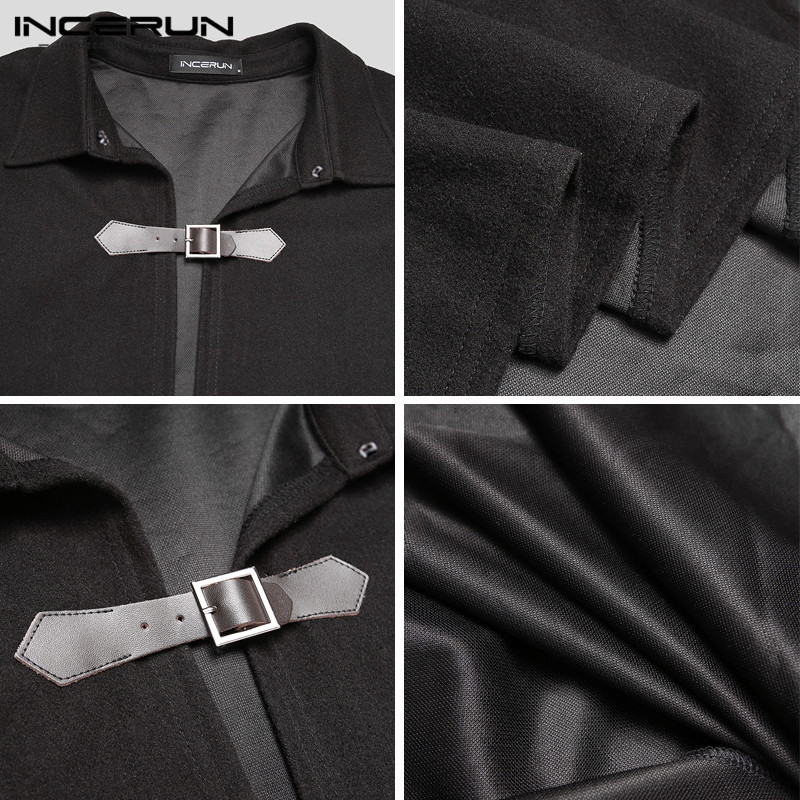 Men's Wool Blends INCERUN Fashion Men Cloak Coats Solid Color One Button Lapel Cape Trench Streetwear Winter Faux Blends Overcoat Men Jackets 220