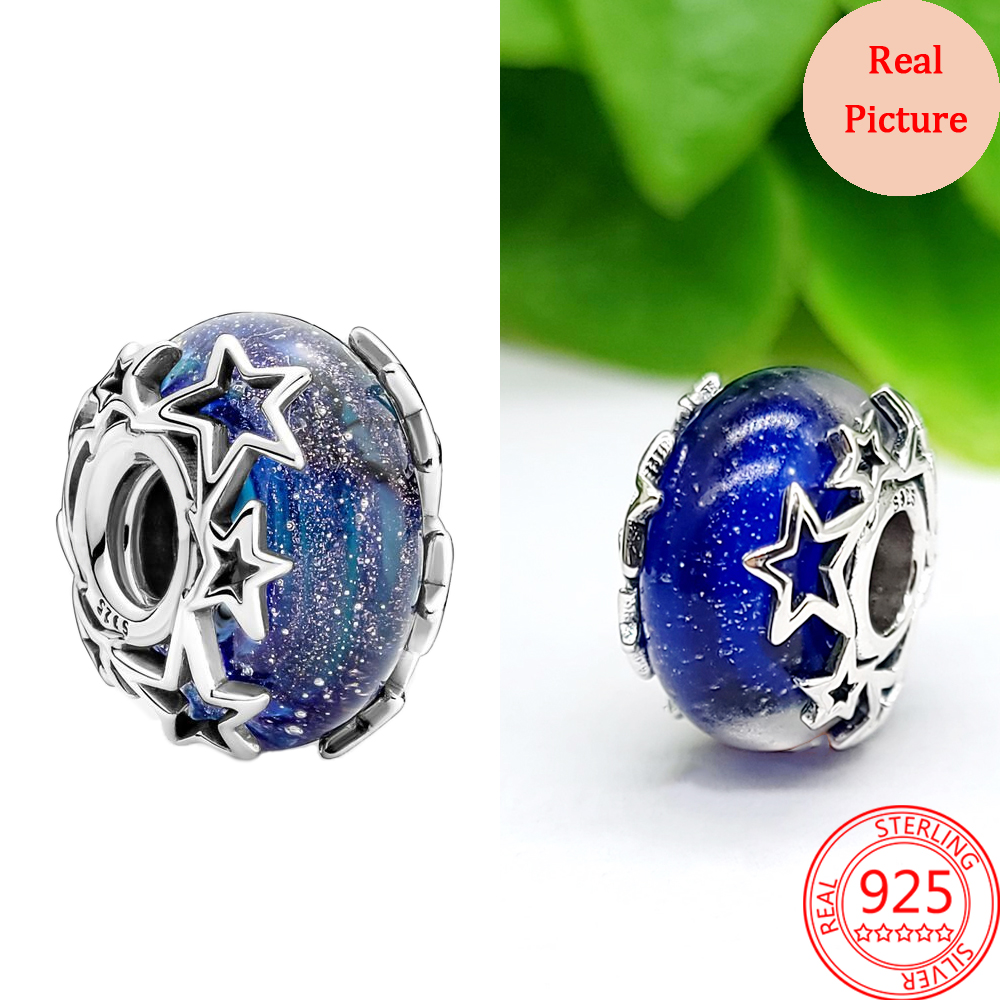 The New Popular 100%925 Sterling Silver Charm Series Bead Flash Stars and Moon Pendant Glass Security Chain Fit Bracelets DIY Jewelry Gift