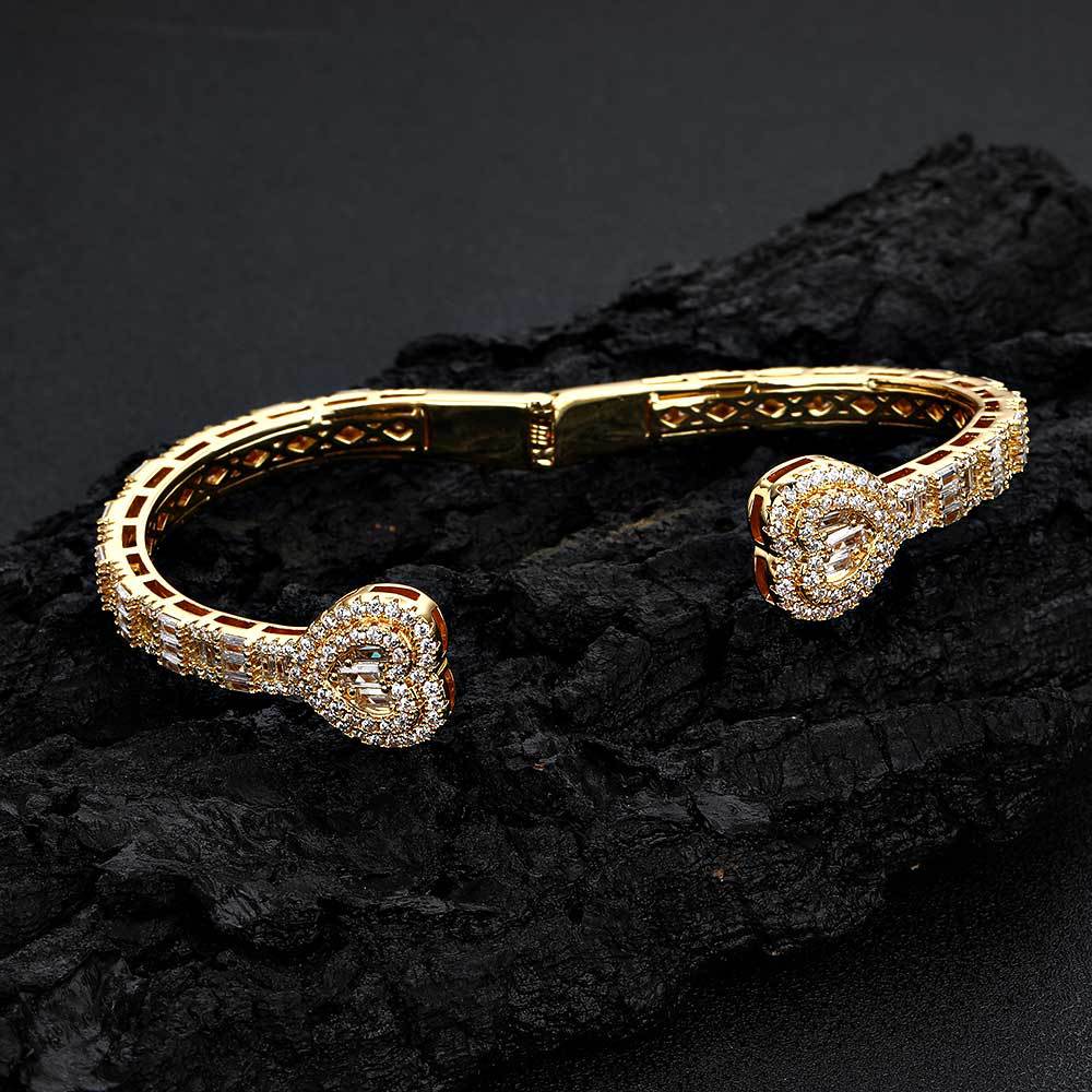 Hip Hop Heart Shape Clasp Bangle Real Gold Plated TopBling T Zircons Spring Lock Women Men Jewelry