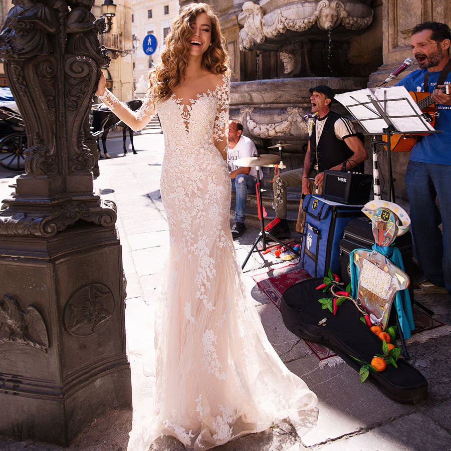 Mermaid Wedding Dress Arrival Lace Long Sleeve Muslim Bridal Vestido De Noiva Romantic Appliques Ruffles Gowns 403
