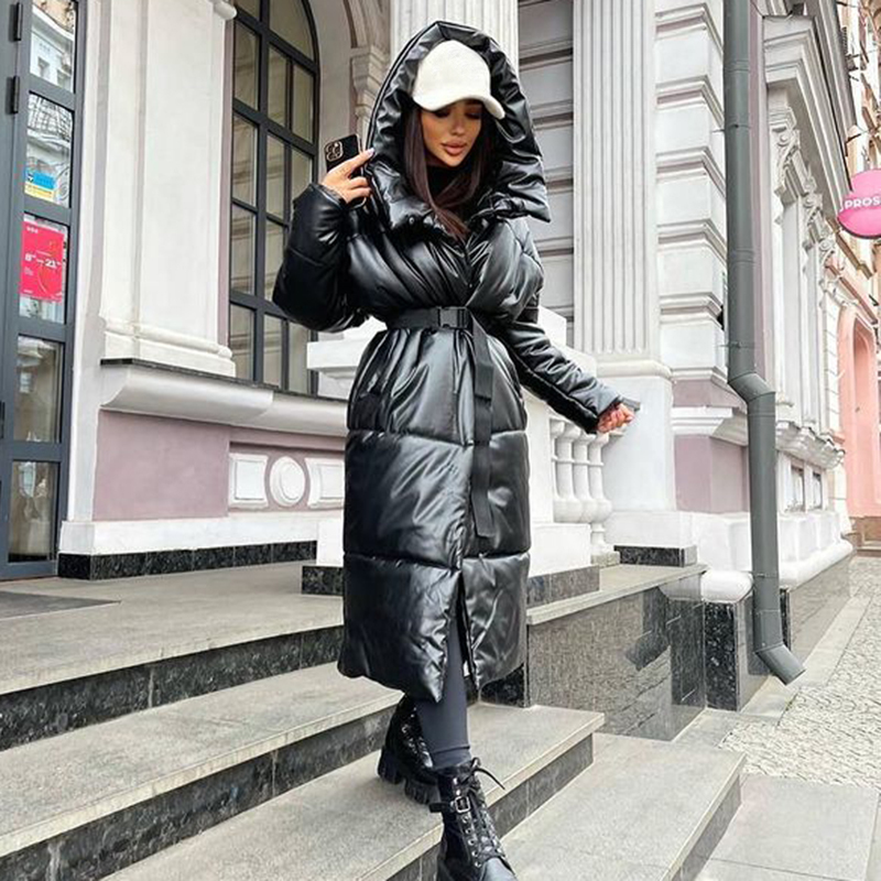 Women's Down Parkas Malina Hooded PU Fashion Tie Belt Coats Elegant Solid Faux Leather Slim Long Cotton Jackets Female Ladies 220928