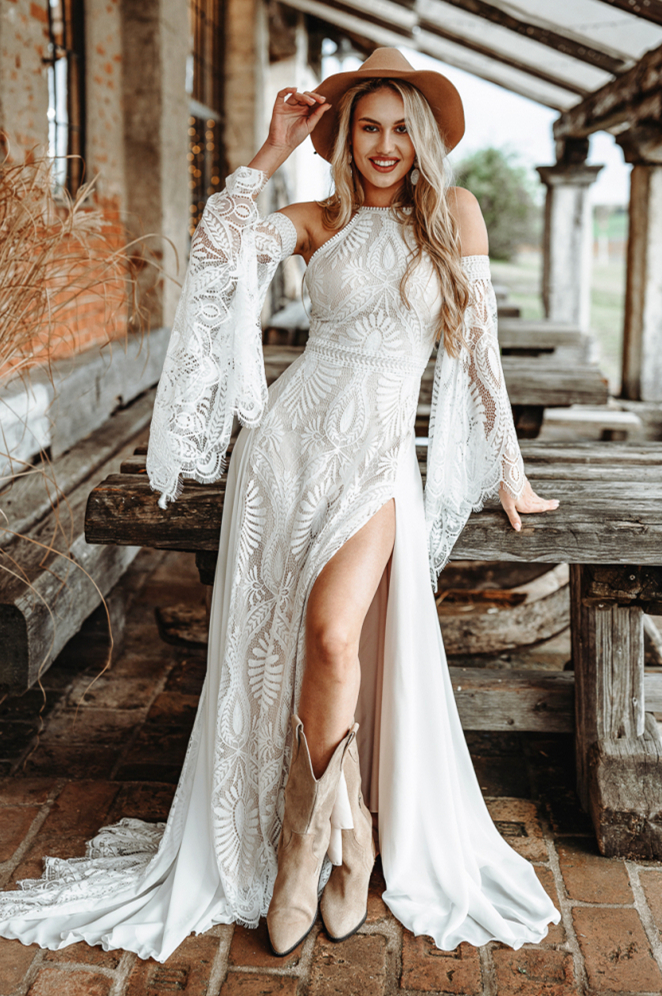 Chic Crochet Lace Bohemian Wedding Dress With Detachable Poet Long Sleeves Thin Straps Deep Split Side Beach Bride Gown Hippe Country A-Line Vestido D