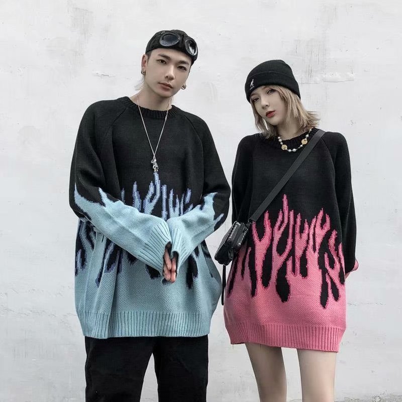 Men's Sweaters Hip Hop Mens Streetwear Harajuku Knitted Sweater Blue Fire Flame Autumn Sweater Pullover Loose HipHop Retro Vintage 220928