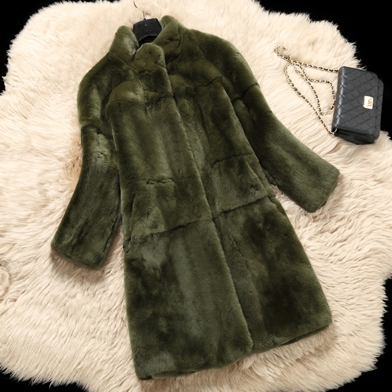 Women's Fur Faux winter stand collar whole skin natural Rex fur coat female nine points sleeves long outerwear coats women's clothing 220928