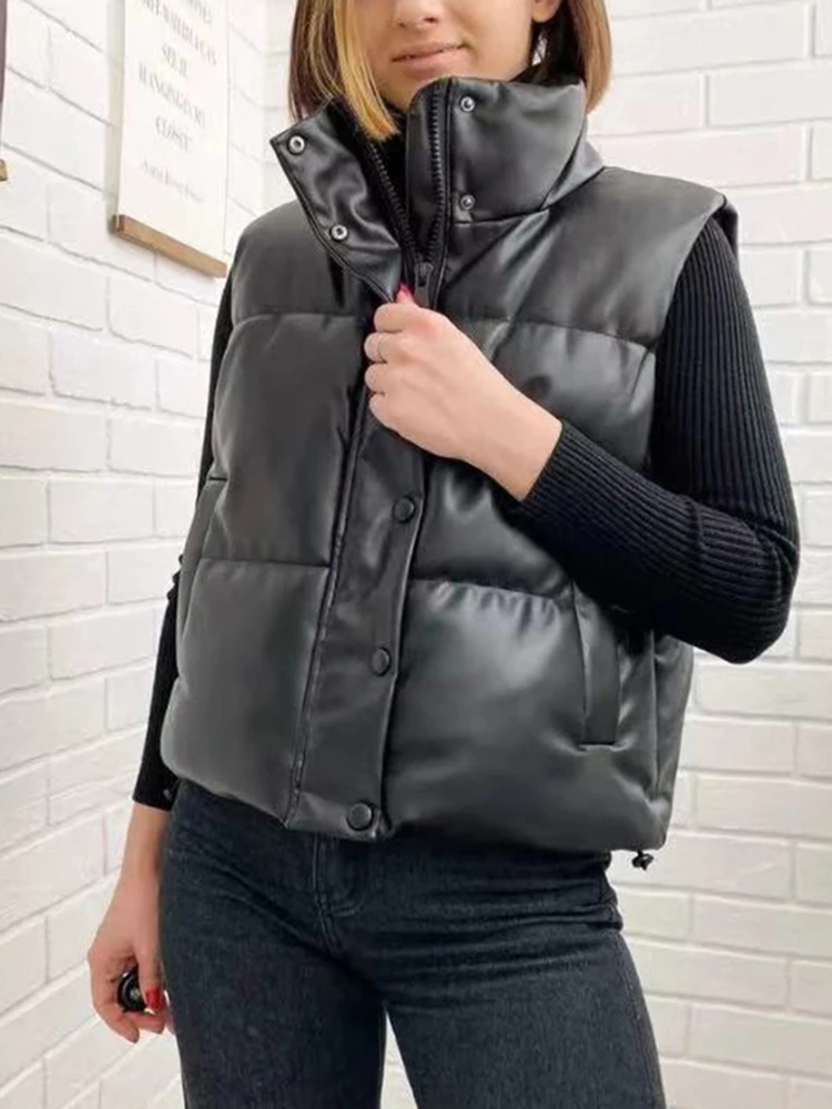 Women's Vests Elina Black Stand Collar Fashion Zipper PU Leather Coats Elegant Autumn Winter Short Female Ladies IAC 220928