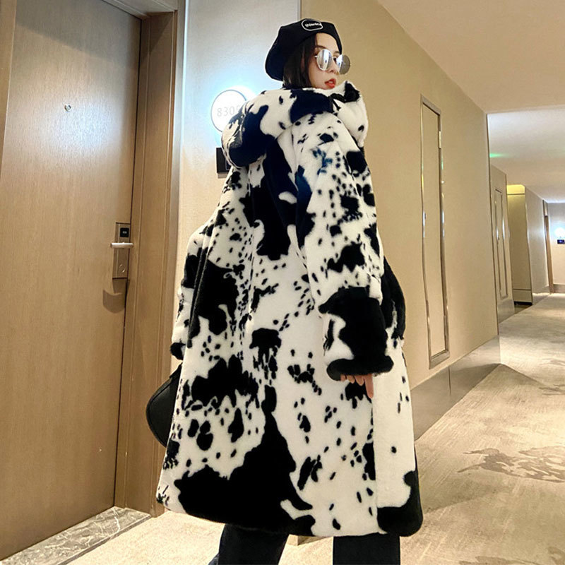 Women's Fur Faux Winter Parka Jacket Women Thickened Cow Pattern Hooded Coat Lengthened Oversize Overcoat Veste Fourrure Homme 220928