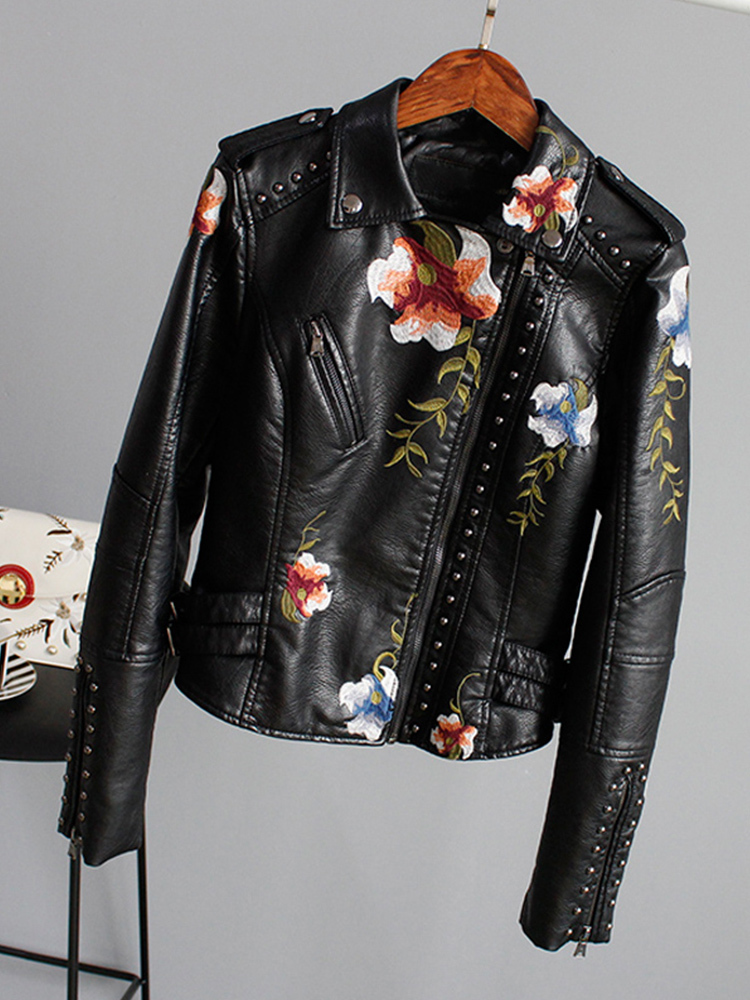 Women's Leather Faux Ly Varey Lin Floral Print Embroidery Soft Jacket Women Pu Motorcycle Coat Female Black Punk Zipper Rivet Outerwear 220928