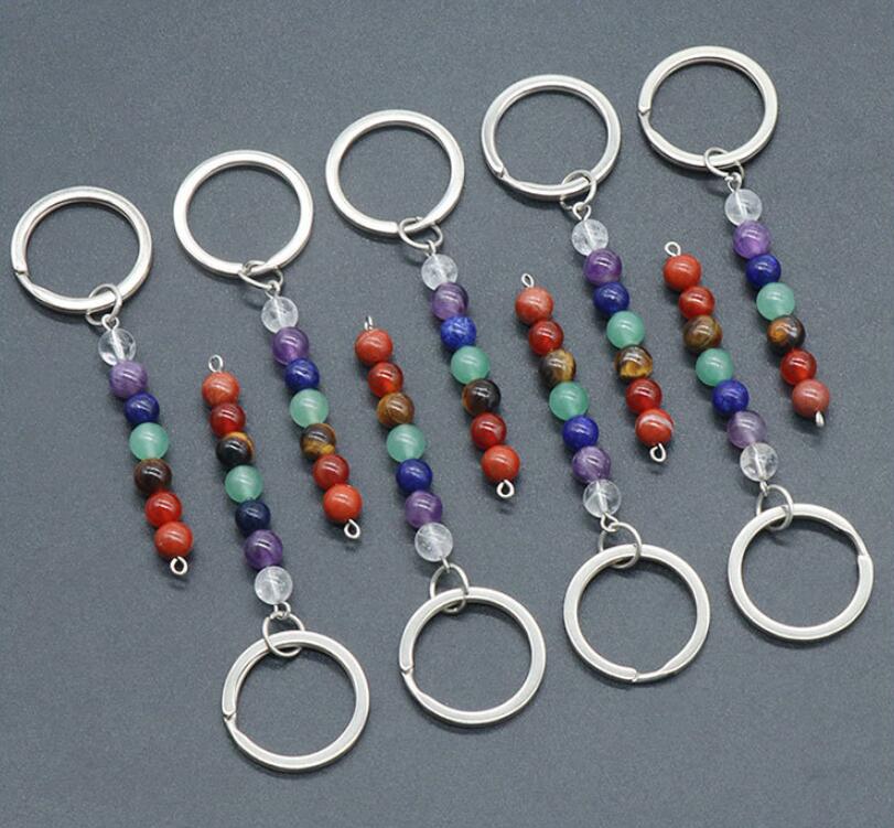Natural Stone Key Rings Chains Quartz Amethyst Agate Chakra Beads Keychains Healing Crystal Keyrings for Women Men