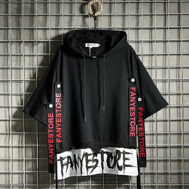 Men's Hoodies Sweatshirts HOUZHOU Hoodie Sweatshirt Casual Black Tops Techwear Hip Hop Harajuku Patchwork Japanese Streetwear Summer 220929