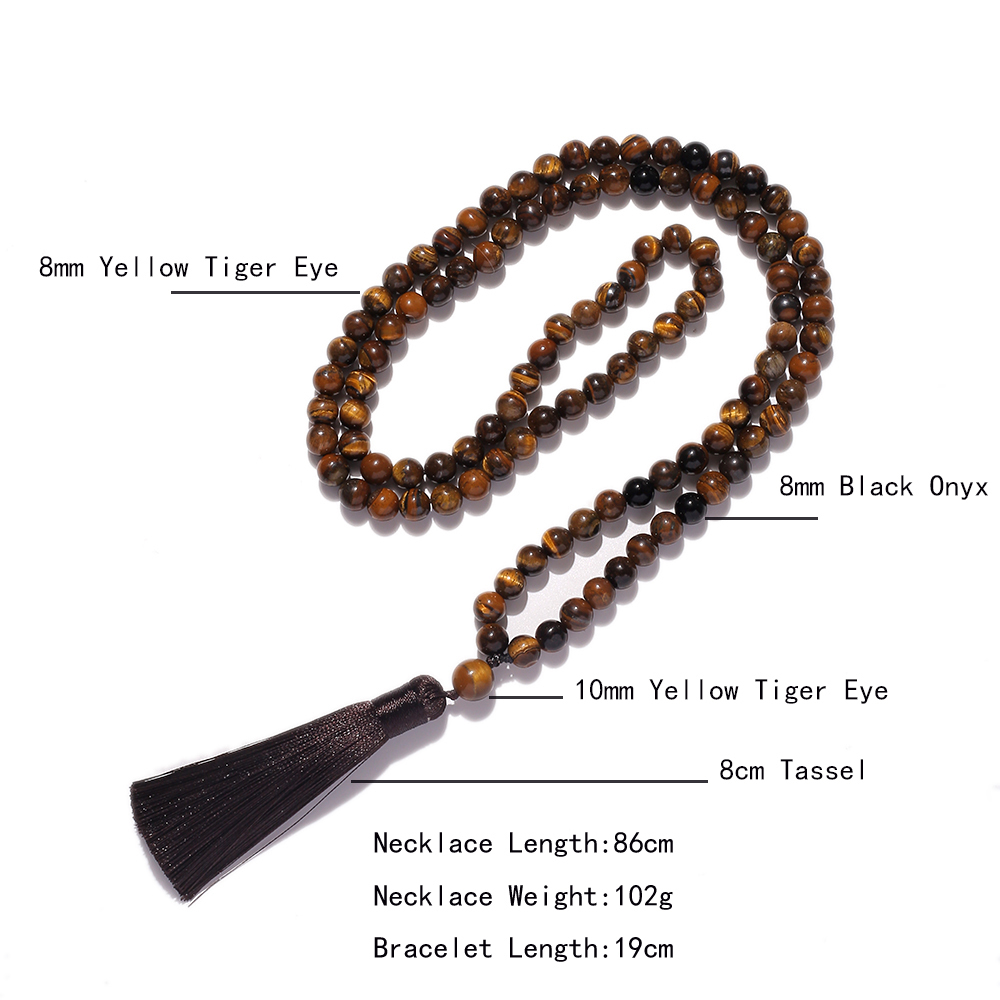 Beaded Necklaces 8mm Natural Yellow Tiger Eyes Black Onyx Necklace Meditation Yoga Jewelry 108 Japa Mala Beaded Bracelet Men's and Women's S