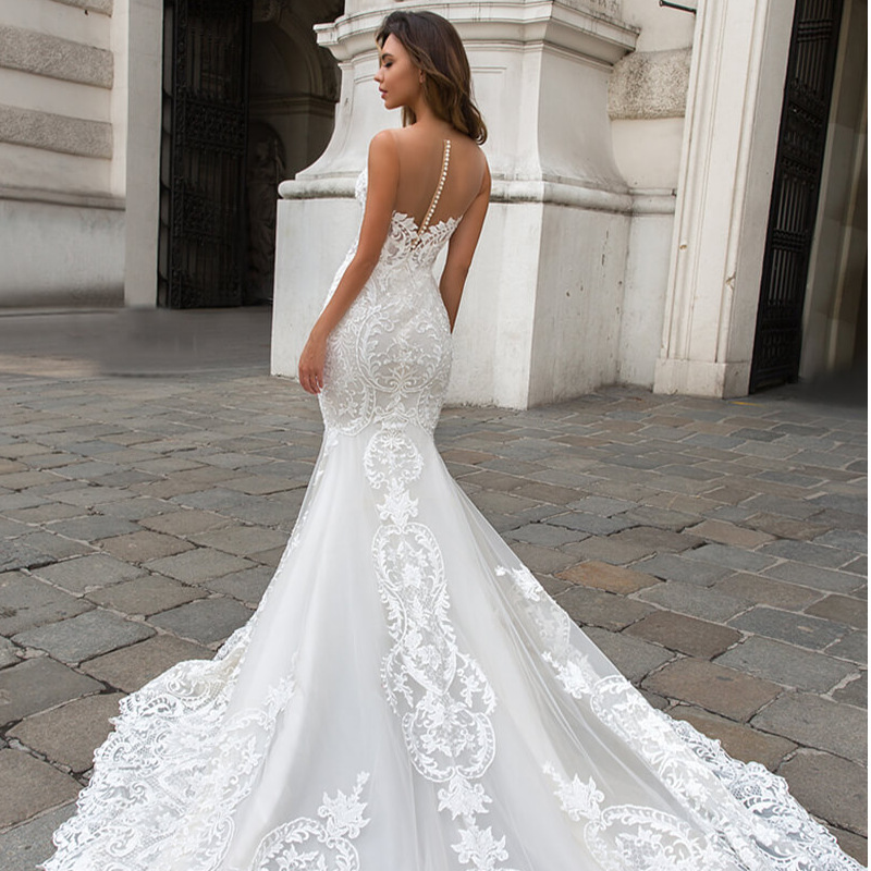 Plus Size Mermaid Wedding Dress Arabic Aso Ebi Sheer Neck sweep train Long Sleeves Sexy Bridal Gowns Dresses