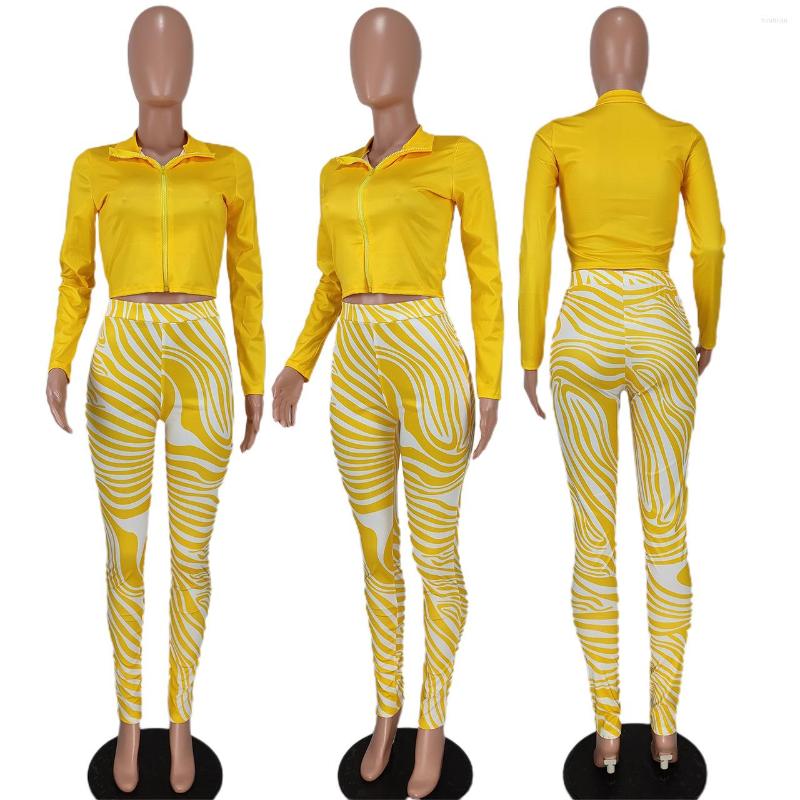 Women's Two Piece Pants Women Set Full Sleeve Zipper Crop Tops Outfits Autumn Fashion Print Streetwear High Waist Pencil Suits 2022